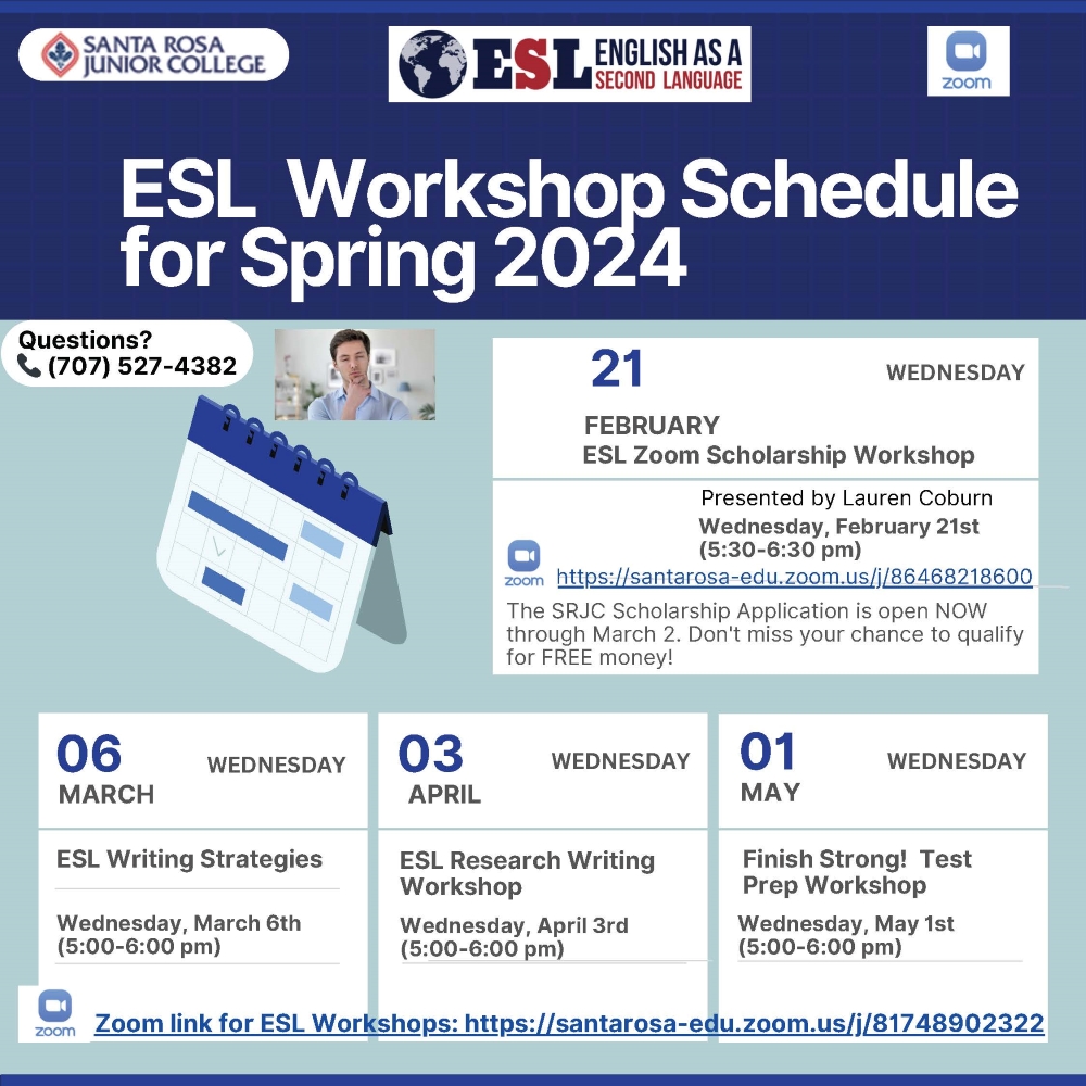  ESL Zoom Workshop Schedule for Spring 2024