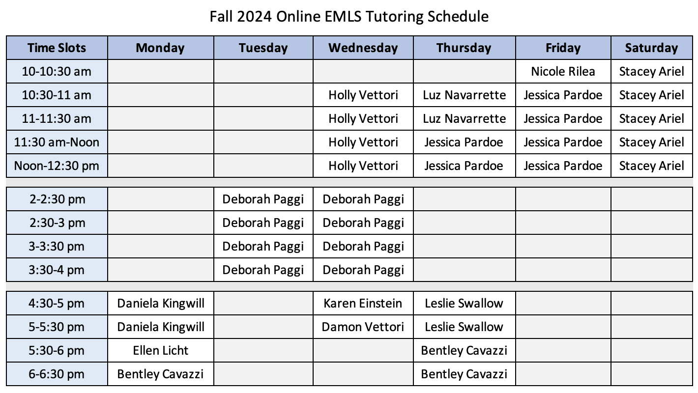 SRJC Fall 2024 EMLS Online Tutoring Schedule