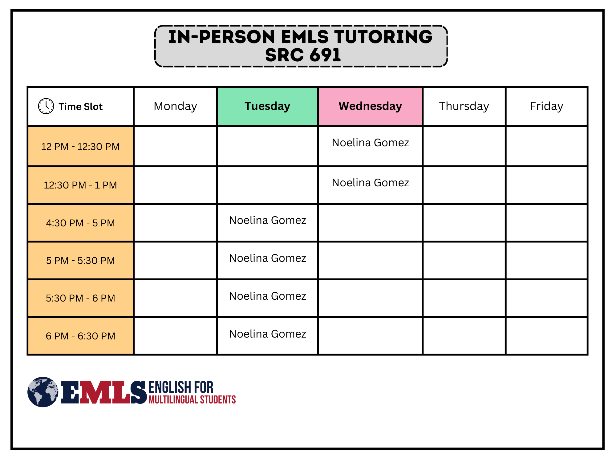 In-person SRJC Roseland Tutoring Schedule