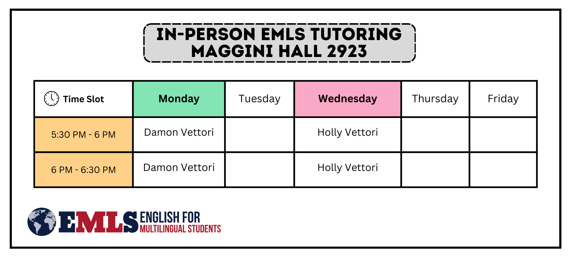 In-person EMLS Tutoring Schedule